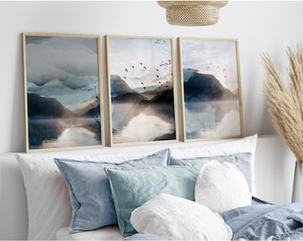 Watercolour Landscape Abstract Prints, Set of 3 Prints, Blue Wall Decor, Blue Wall Prints, Landscape Wall Art, Blue Wall Art, Landscape Art