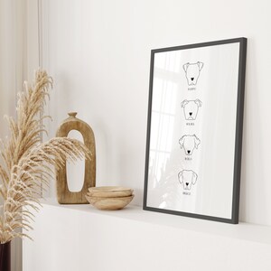 May include: Black and white line art print of four dog portraits with their names below each portrait: Poppy, Wilma, Rollo, and Bruce. The print is framed in a black frame and is hanging on a white wall.