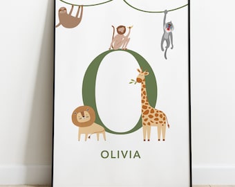 Personalised Safari Initial Print, Animal Name Print, Safari Nursery Decor, Animal Initial Print, Custom Name Print, Safari Nursery Print