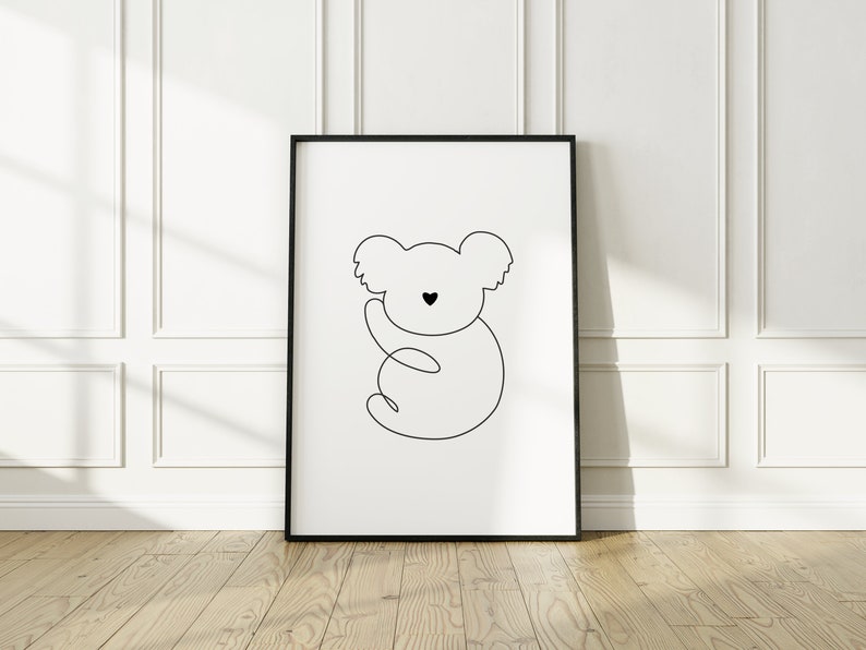 Koala-linjekonst, Koalateckning, Minimalistisk koalakonst, koalaväggkonst, Koala-dekor, Koala-barnrumskonst, Koalakonst, Linjekonst för barnrum, Minamalist bild 3