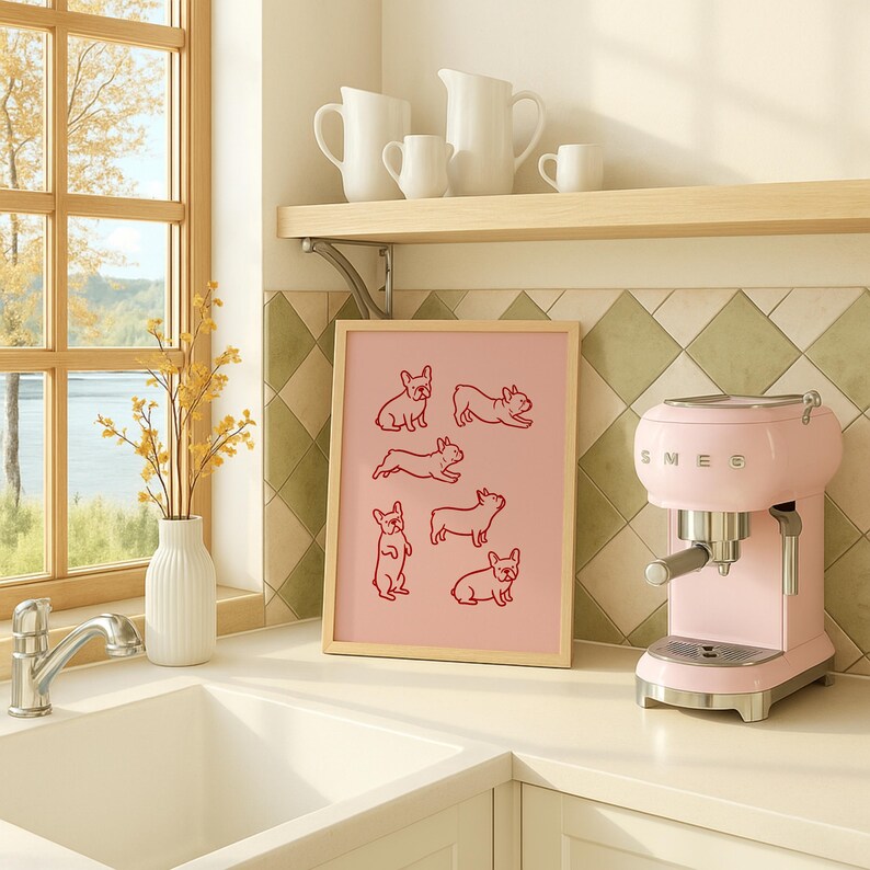 May include: A framed pink print featuring red line drawings of French Bulldogs in various poses. The print is displayed on a kitchen counter next to a pink espresso machine and white ceramic pitchers.