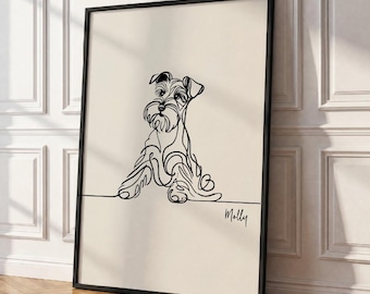 May include: A framed wall art print featuring a continuous black line drawing of a Schnauzer dog on a cream background. The dog is depicted in a seated position, and the name Molly is written in cursive script in the bottom right corner.