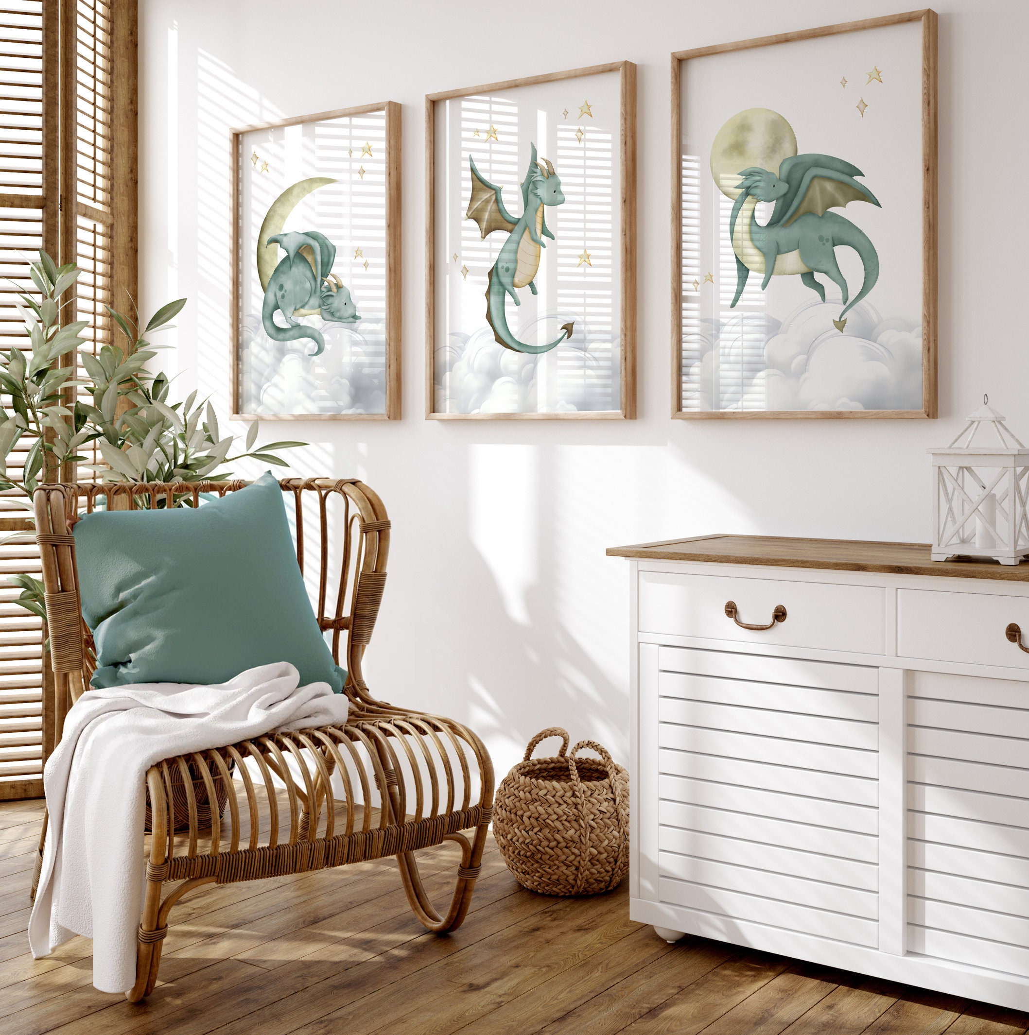 Set of 3 Dragon Nursery Wall Art Prints, Dragon Nursery Decor, Green ...