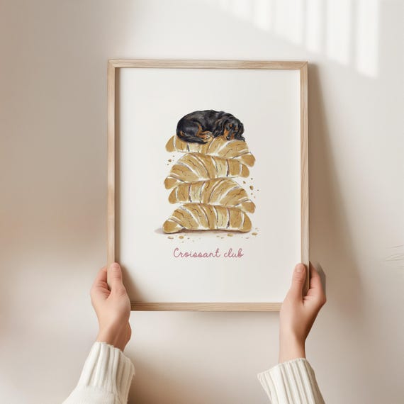 Croissant Club Kitchen Print – Dachshund Art – Sausage Dog Illustration – Cozy Bakery Wall Decor – Cute Kitchen Wall Art