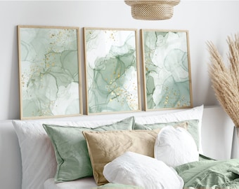 Sage Green Wall Art Prints, Abstract Set of 3 Prints, Marble Wall Prints, Green, Gold, Modern Bedroom Living Room Wall Decor, Printable Art