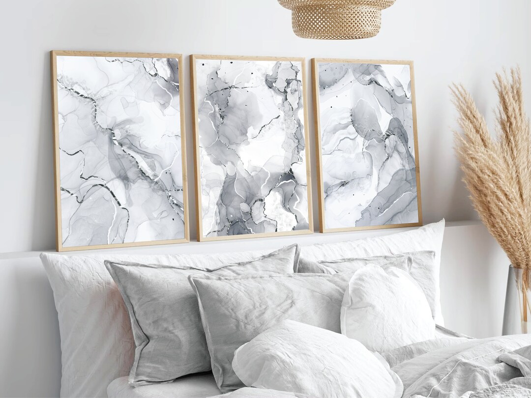 Grey & Silver Wall Prints, Marble Wall Prints, Set of 3 Wall Prints ...