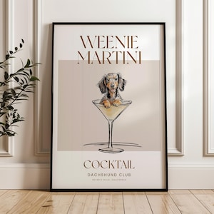 Martini and Weenies poster, Bar Cart Art, Sausage Dog Art, Daschund Art, Dog Poster, Long haired Dachshund Gift