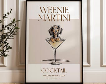 Martini and Weenies poster, Bar Cart Art, Sausage Dog Art, Daschund Art, Dog Poster, Long haired Dachshund Gift