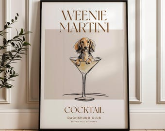 Martini and Weenies poster, Bar Cart Art, Sausage Dog Art, Daschund Art, Dog Poster, Long haired Dachshund Gift