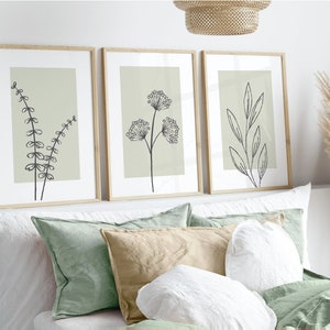 Set van 3 saliegroen kunstprints, botanische lijntekeningen, set van 3 prints, minimalistische moderne neutrale slaapkamer woonkamer wanddecoratie, afdrukbare kunst