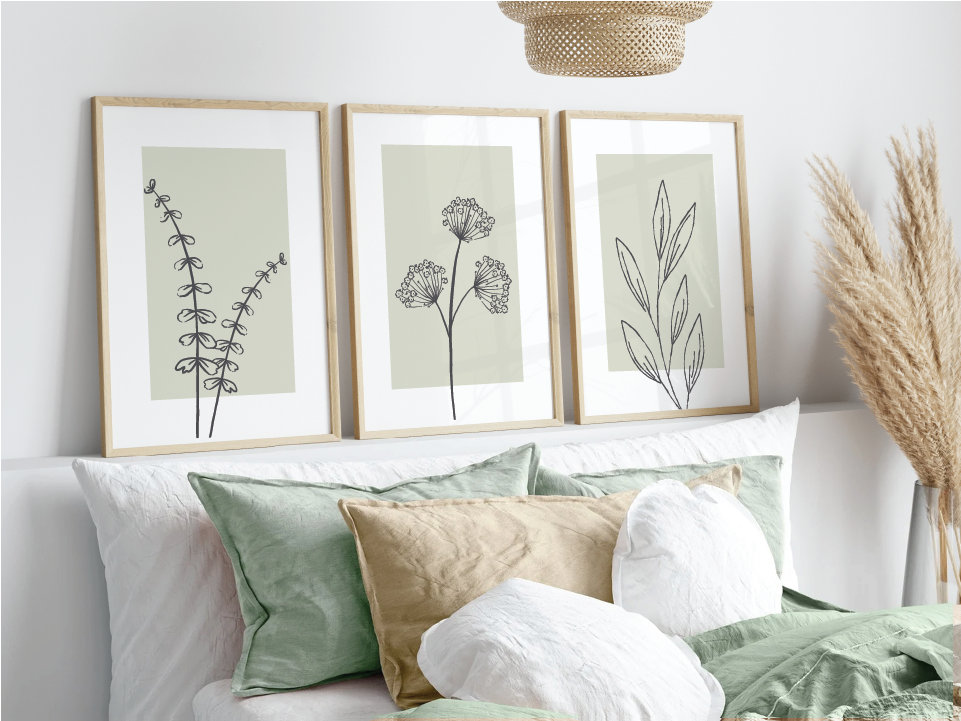 Set of 3 Sage Green Art Prints, Botanical Line Art, Set of 3 Prints, Minimalist Modern Neutral Bedroom Living Room Wall Decor, Printable Art