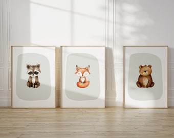 Woodland Nursery imprime decoración de la habitación del bebé, Woodland Nursery Wall Art Gift, Woodland Baby Animal Prints Decoración de la habitación de los niños, Vivero del bosque