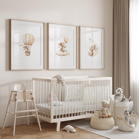 Neutral Bunny Nursery Wall Art Set of 3 Prints, Beige Rabbit Balloon Moon Baby Room Decor, Gender Neutral Nursery