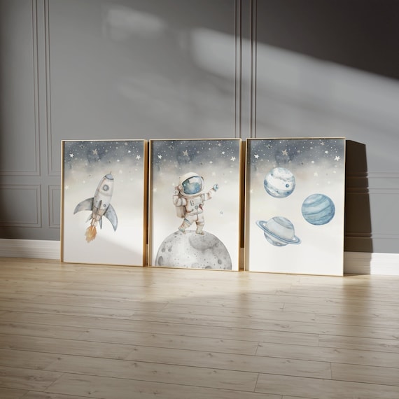 Nursery Decor Space Boy, Nursery Wall Art Space, Watercolor Space Nursery Prints, Astronaut Prints, Outer Space Prints Set Of 3 Wall Art