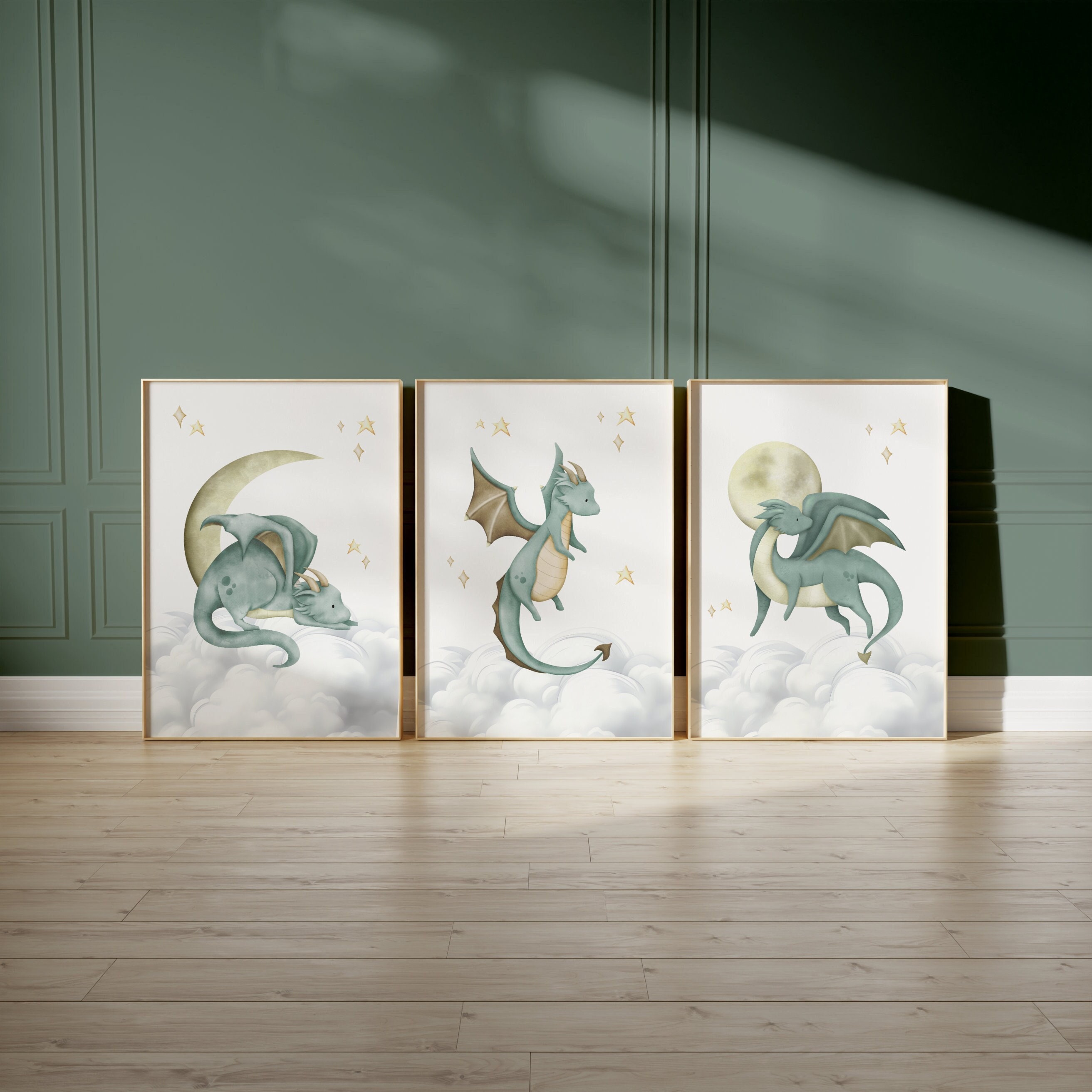 Set of 3 Dragon Nursery Wall Art Prints, Dragon Nursery Decor, Green Nursery Prints, New Baby, Nursery Prints, Stars and clouds
