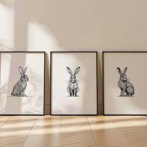 Hare Line Art Prints, Hare Decor, Rabbit Gifts, Hare Prints, Rabbit line art, Rabbit Art, Set of three, Hare Posters