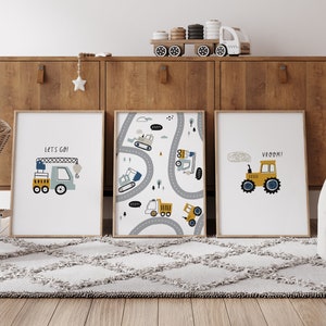 Set med 3 väggkonsttryck för pojkars barnrum, transporttryck, set med 3 tryck, barnrumsdekor med byggmotiv, fordonskonstruktion, pojkbarnrum