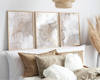 Juego de 3 impresiones beige, impresiones de mármol para pared, impresiones de arte de pared beige para dormitorio, arte de pared para dormitorio, beige, dorado, arte de pared, decoración de pared para dormitorio