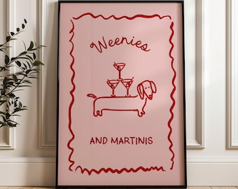 Martini and Weenies poster, Bar Cart Art, Sausage Dog Art, Daschund Art, Dog Poster, Dachshund Gift
