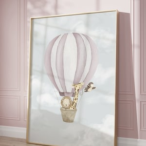 Impresión de globo aerostático rosa, arte de pared de animales safari, decoración de guardería vintage, arte de pared de viaje imprimible, decoración de habitación para niños y niñas, decoración de habitación para niños