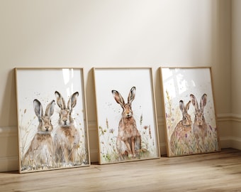 水彩画のウサギのプリント、ウサギの水彩画アート、プリント 3 枚セット、農家の春の野花、ウサギのプリント、カントリー風ホーム デコレーション