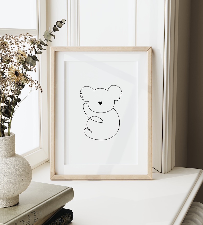 Koala-linjekonst, Koalateckning, Minimalistisk koalakonst, koalaväggkonst, Koala-dekor, Koala-barnrumskonst, Koalakonst, Linjekonst för barnrum, Minamalist bild 4