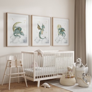 Set of 3 Dragon Nursery Wall Art Prints, Dragon Nursery Decor, Green ...