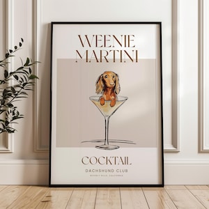 Martini and Weenies poster, Bar Cart Art, Sausage Dog Art, Daschund Art, Dog Poster, Long haired Dachshund Gift