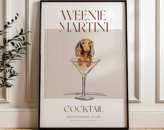 Martini and Weenies poster, Bar Cart Art, Sausage Dog Art, Daschund Art, Dog Poster, Long haired Dachshund Gift