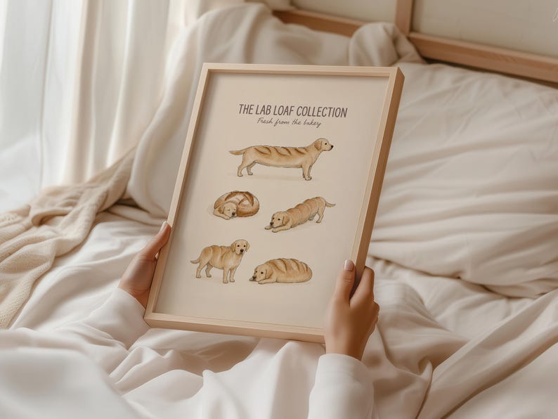 Puede incluir: Una l&aacute;mina enmarcada titulada THE LAB LOAF COLLECTION Fresh from the bakery, que presenta cinco ilustraciones de perros Labrador amarillos representados como varios tipos de panes, sobre un fondo beige claro en un marco de madera clara.