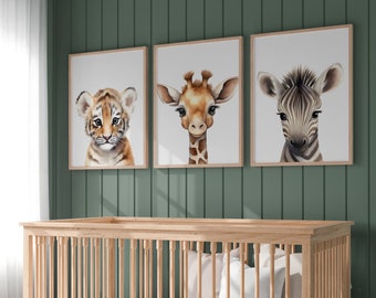 Estampas de berçário de animais de bebê Safari, conjunto de 3, estampas de berçário de animais de bebê, arte de parede de berçário, estampas de animais para berçário, presente de Natal, Safari