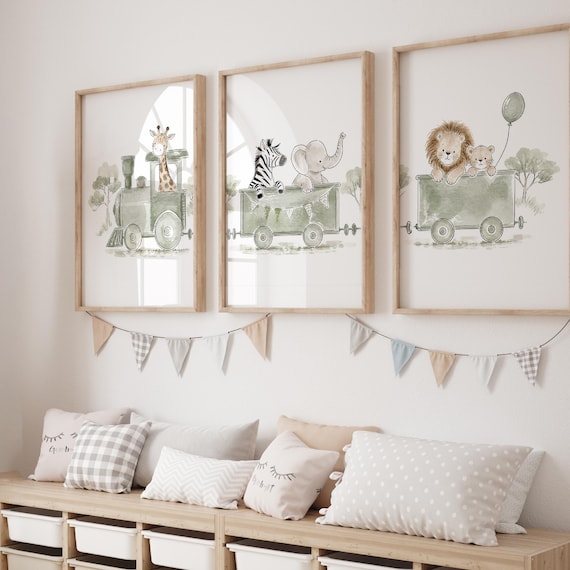 Safari Nursery Wall Art Set of 3, Baby Boy Nursery Prints, Green Safari Animal Train Decor, Jungle Nursery Wall Art, Physical Prints