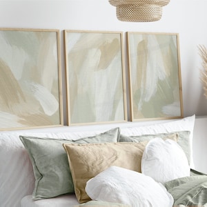 Set of 3 Sage Green Wall Art, Minimalist Modern Bedroom Living Room Wall Decor, Abstract Green, Brush Stroke Art, Sage Green Prints