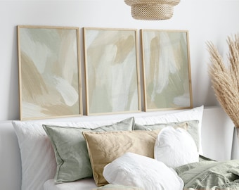 Set of 3 Sage Green Wall Art, Minimalist Modern Bedroom Living Room Wall Decor, Abstract Green, Brush Stroke Art, Sage Green Prints