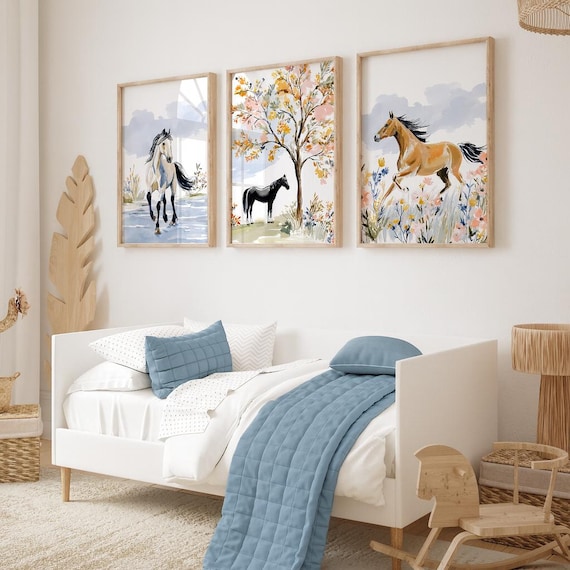 Girls Horse Wall Art, Set of 3 Horses Posters, Kids Pony Prints, Girls Room Prints, Girl Bedroom Decor, Horse Prints, Set of 3 Horse Prints