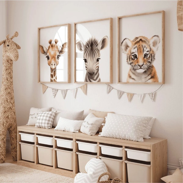 Safari-Baby-Tier-Kinderzimmer-Drucke, 3er-Set, Baby-Tier-Kinderzimmer-Drucke, Kinderzimmer-Wandkunst, Tier-Drucke fürs Kinderzimmer, Weihnachtsgeschenk, Safari