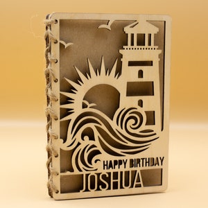Personalised Wooden Birthday Card | Engraved Message | Premium Wooden Birthday Card | Seagulls  | Lighthouse