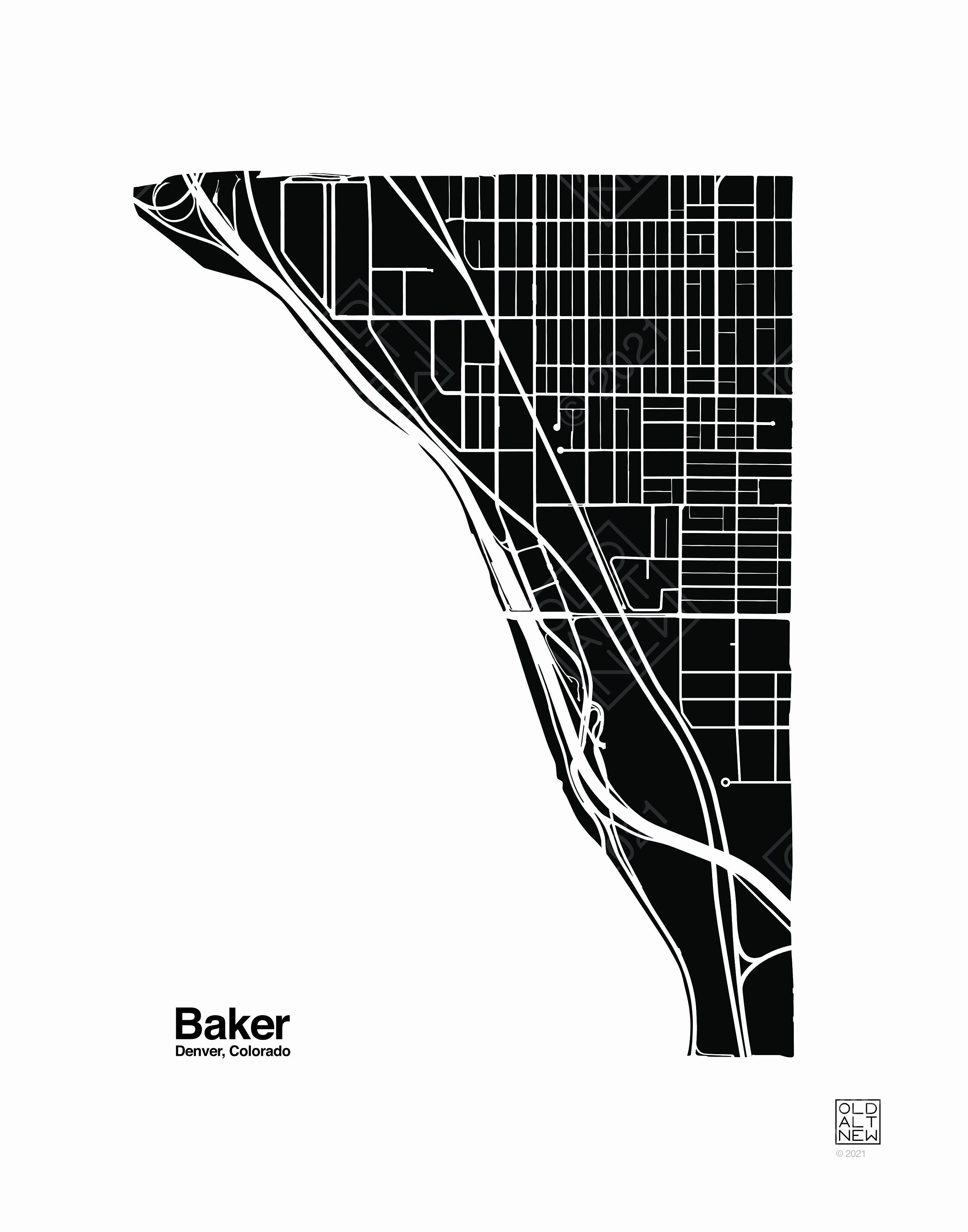 Baker Neighborhood Map Denver Colorado Black and White Etsy
