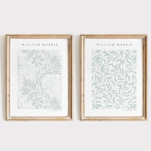 Set of 2 Sage William Morris Prints, Instant Download, Marigold + Willow Bough Patterns, Textile Design, Botanical Wall Art, Neutral Tones