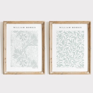 Set of 2 Sage William Morris Prints, Instant Download, Marigold + Willow Bough Patterns, Textile Design, Botanical Wall Art, Neutral Tones