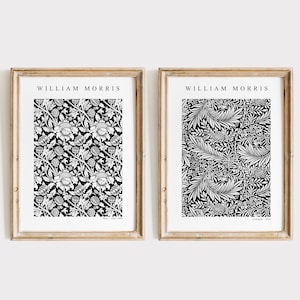 Set of 2 Black And White William Morris Prints, Instant Download, Leaf Textile Patterns, Botanical Wall Art, Minimalist Monochrome Posters