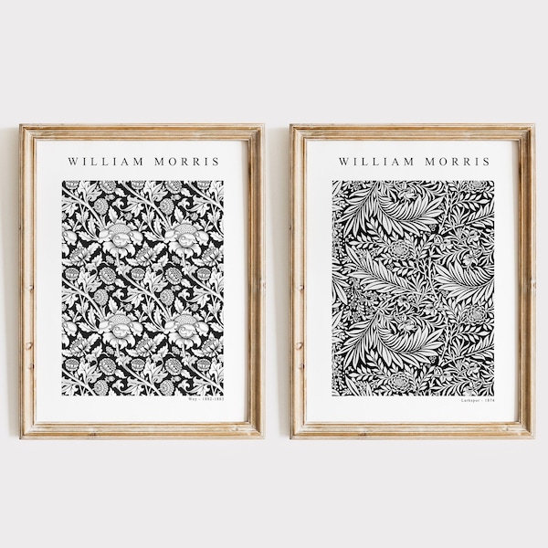 Set of 2 Black And White William Morris Prints, Instant Download, Leaf Textile Patterns, Botanical Wall Art, Minimalist Monochrome Posters