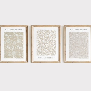 William Morris Neutral Beige Drucke, 3er Set, digitaler Download, Botanische Wandkunst, Museumsausstellung Poster, Neutrale Wanddekoration, Gedämpft