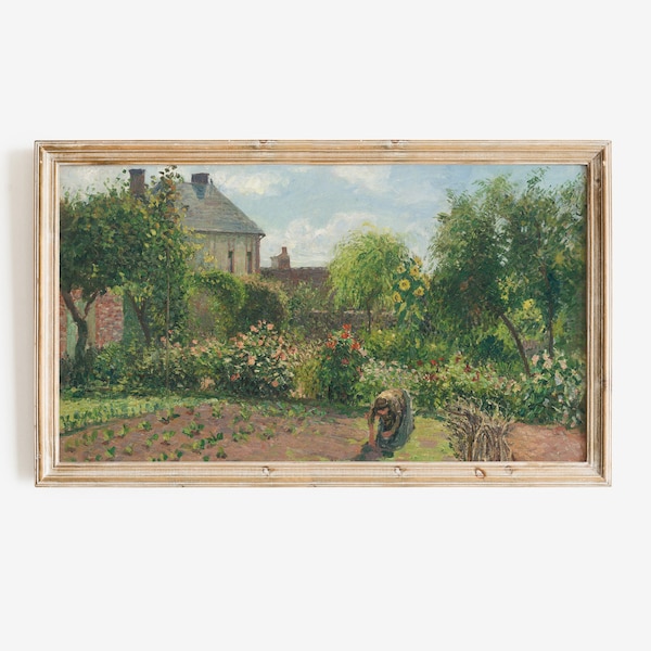 Samsung Frame TV Art, Vintage Camille Pissarro Cottage Garden Landscape Painting, DIGITAL DOWNLOAD, Botanical Wall Art, Country Farmhouse