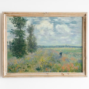 Puede incluir: Una pintura enmarcada que representa un paisaje con un campo de flores silvestres, un cielo nublado y una figura solitaria caminando en la distancia.