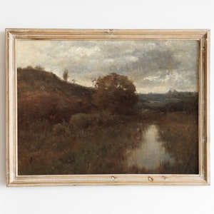 Vintage Autumn Fall Landscape Painting, Digital Download, Dark Moody Tones, 19th Century American Wall Art, Neutral Farmhouse Country Decor