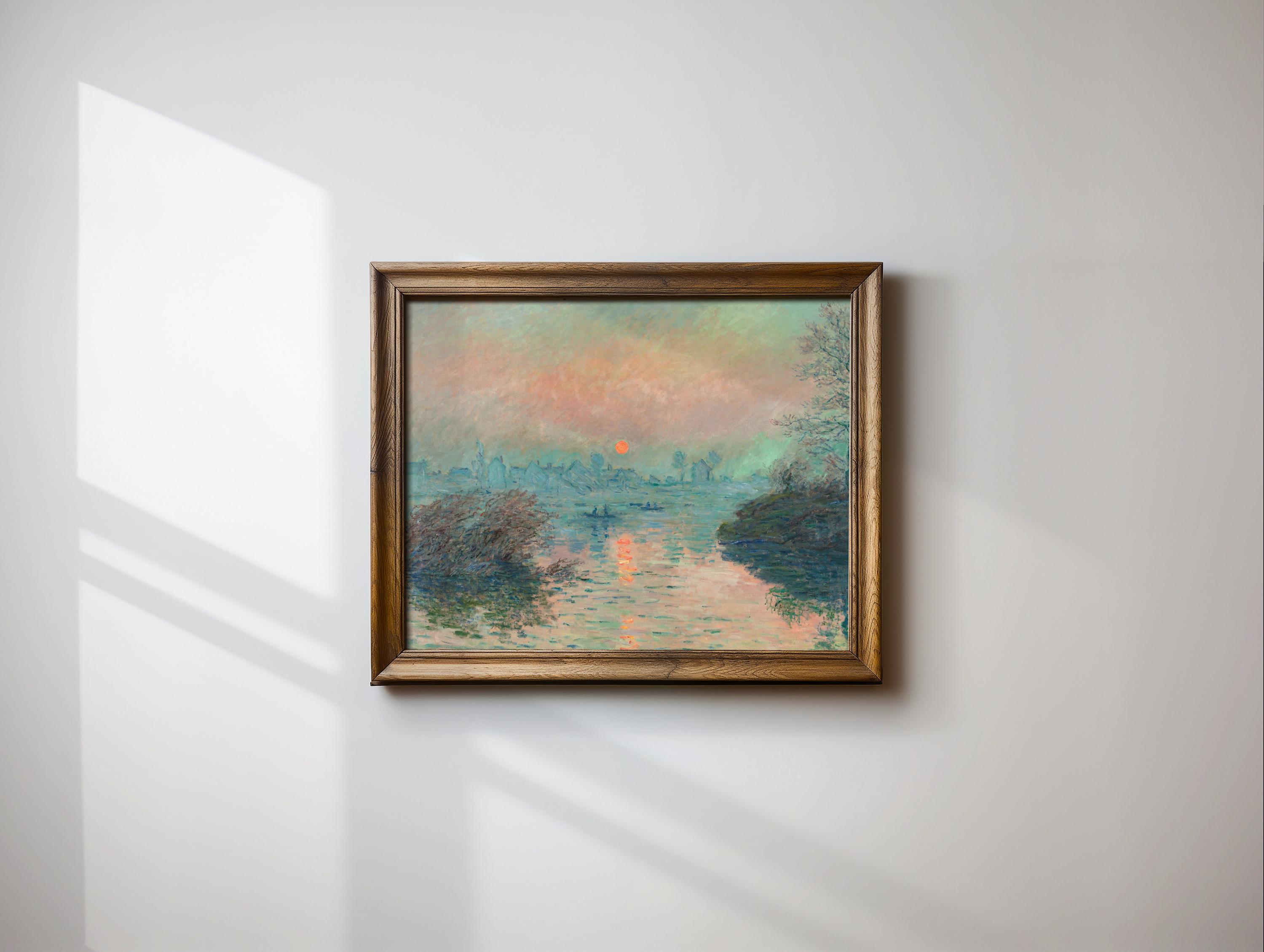 クロード・モネの風景画、ラヴァクールのセーヌ川に沈む夕日の絵画