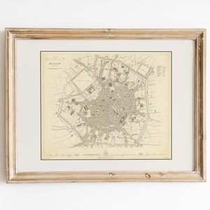 ミラノのヴィンテージ地図プリント、デジタルダウンロード、ニュートラルベージュトーン、地図作成ウォールアート、19世紀のアンティークイタリア地図、田舎の農家