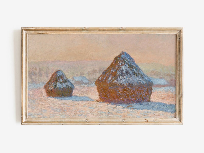 Samsung Frame TV Art, Vintage Claude Monet Painting, DIGITAL DOWNLOAD, Haystack Morning Snow Effect, Famous Artist Wall Art, Winter Scene image 1