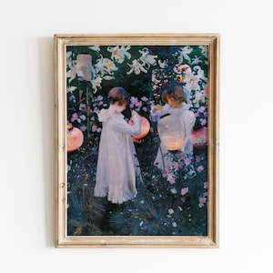 Vintage John Singer Sargent-målning, DIGITAL NEDLADDNING, 'Nejlika, lilja, lilja, ros'-tryck, botanisk väggkonst, flickor med lyktor